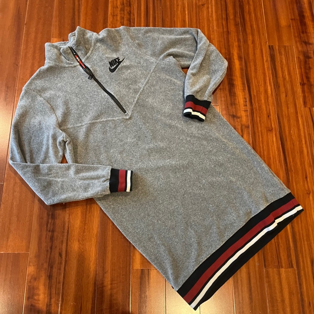 Nike Athletic Midi Dress Gray Quarter Zip Terry Long Sleeve Preppy Stripe Hem XS